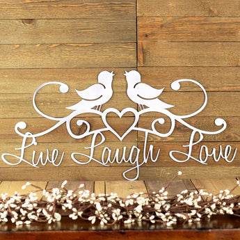 Live Laugh Love metal plaque with birds and heart, in raw steel.