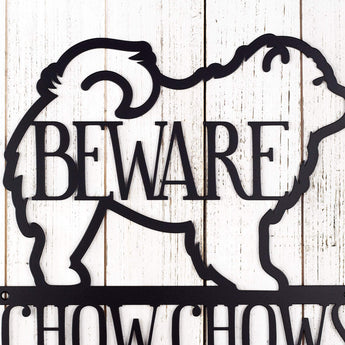 Close up of Chow Chow dog silhouette, with Beware, on our metal sign, in matte black powder coat. 