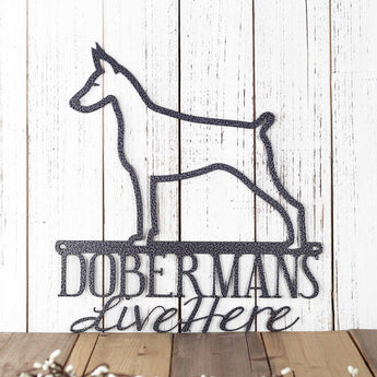 Dobermans Live Here metal wall art, in silver vein powder coat. 