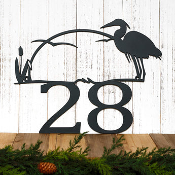 2 digit metal house number sign with heron and cattails, in matte black powder coat. 