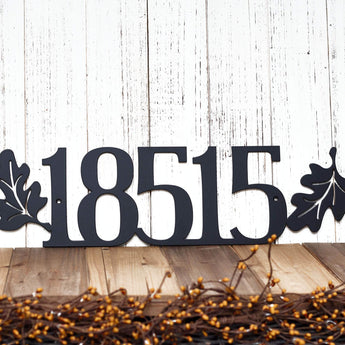 5 digit metal house number sign with oak leaves, in matte black powder coat.