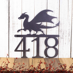 3 digit metal house number sign with a dragon silhouette, in silver vein powder coat. 