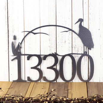 5 digit metal house number sign with heron and cattails, in silver vein powder coat.