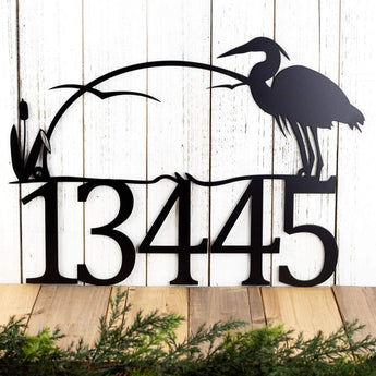 5 digit metal house number sign with heron and cattails, in matte black powder coat. 