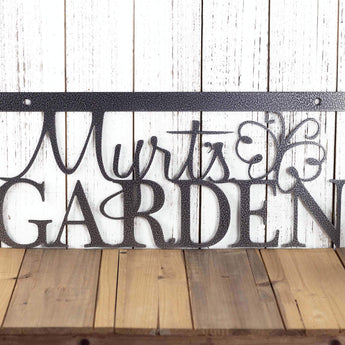 Personalized garden sign with first name and butterfly, in silver vein powder coat. 