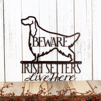 Irish Setters Live Here metal plaque with dog silhouette and Beware, in copper vein powder coat. 