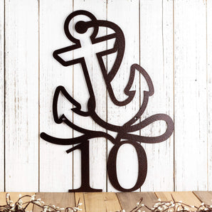 Metal house number sign with a nautical boat anchor, in copper vein powder coat. 2 digit metal house number sign with a nautical boat anchor, in copper vein powder coat.