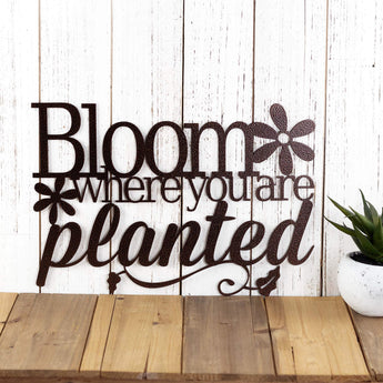 Bloom where you are planted metal wall art with flowers and vines, in copper vein powder coat. 