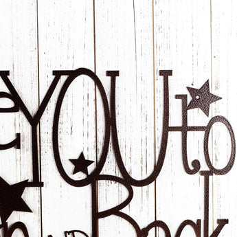 Close up of stars on our Love You to the Moon and Back metal sign, in copper vein powder coat. 