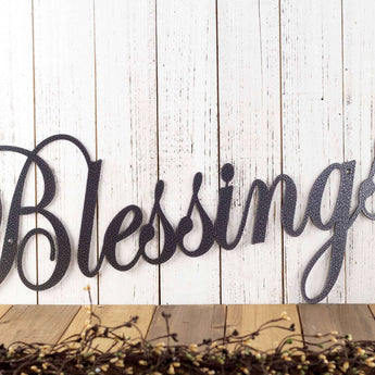 Blessings metal wall art with script lettering, in silver vein powder coat. 