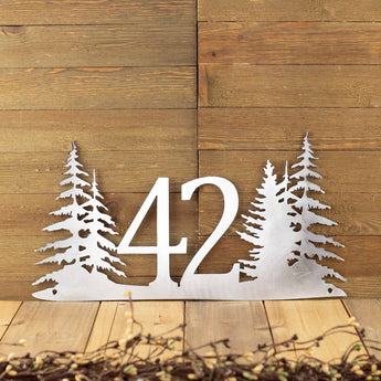 2 digit metal house number sign with pine trees, in raw steel.