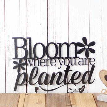 Bloom where you are planted metal wall art with flowers and vines, in silver vein powder coat. 