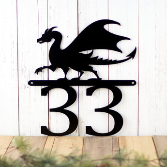 2 digit metal house number sign with a dragon silhouette, in matte black powder coat.