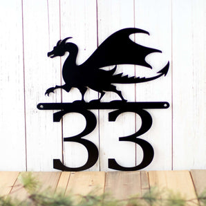 2 digit metal house number sign with a dragon silhouette, in matte black powder coat.