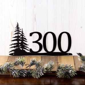 3 digit metal house number sign with pine trees, in matte black powder coat. 