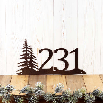 3 digit metal house number sign with pine trees, in copper vein powder coat.