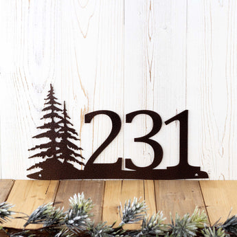 3 digit metal house number sign with pine trees, in copper vein powder coat. 