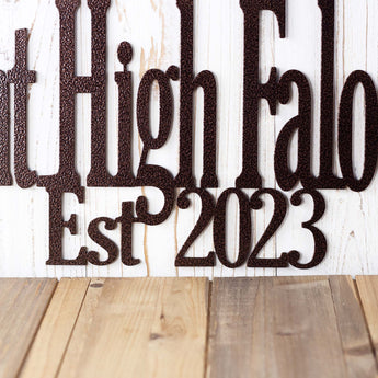 Close up of established year on our Aint High Falootin metal sign, in copper vein powder coat.