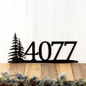 4 digit metal house number sign with pine trees, in matte black powder coat. 