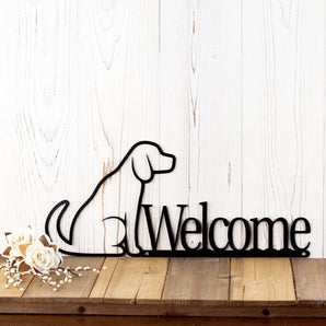 Dog Welcome metal wall art, with Labrador dog silhouette, in matte black powder coat. 
