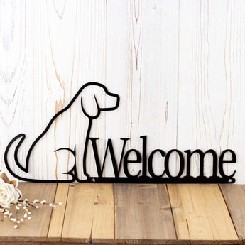 Close up of Dog Welcome metal wall art, with Labrador dog silhouette, in matte black powder coat. 