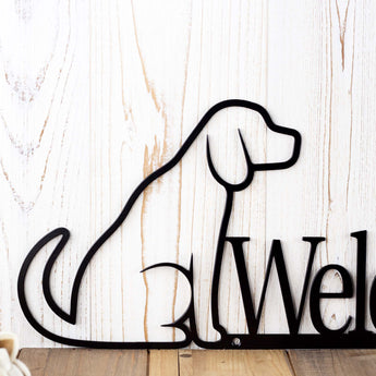 Close up of Labrador dog silhouette on our welcome metal sign, in matte black powder coat. 