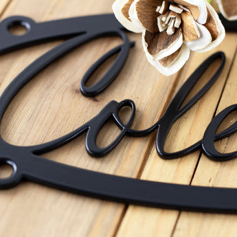 Close up of matte black powder coat on our metal name sign.