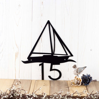 2 digit metal house number sign with sailboat silhouette, in matte black powder coat. 
