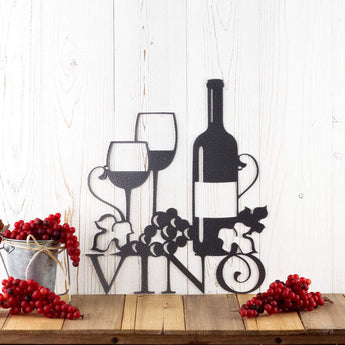 Vino metal wall art with wine glasses, bottle, and grapes, in silver vein powder coat. 