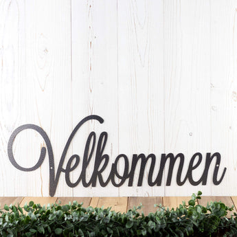 Velkommen welcome metal wall art with script lettering, in silver vein powder coat. 
