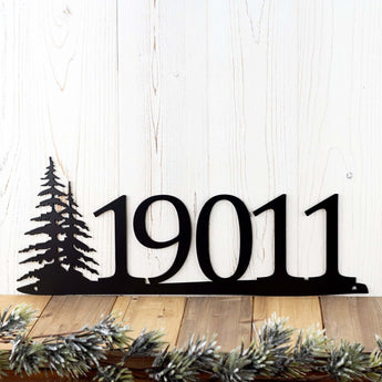 5 digit metal house number sign with pine trees, in matte black powder coat. 