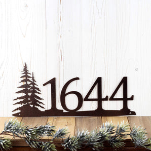 4 digit metal house number sign with pine trees, in copper vein powder coat.