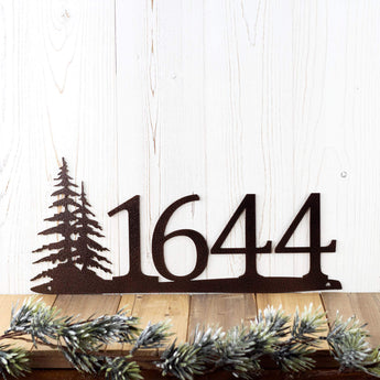 4 digit metal house number plaque with pine trees, in copper vein powder coat.