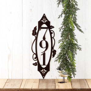 3 digit vertical metal house number sign with vines, in copper vein powder coat.