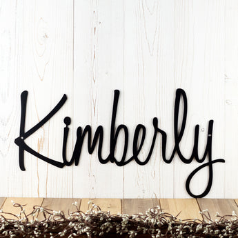 Personalized name metal sign with script lettering, in matte black powder coat. 