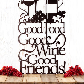 Close up of our Good Food Good Wine Good Friends metal wall art, in copper vein powder coat.