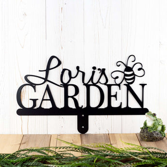 Custom garden name sign with first name and bumble bee, in matte black powder coat. 