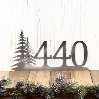Pine tree 3 digit metal house number sign, in raw steel. 