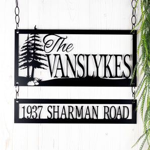 Hanging custom rectangular family name and address metal signs, with pine trees, in matte black powder coat. 
