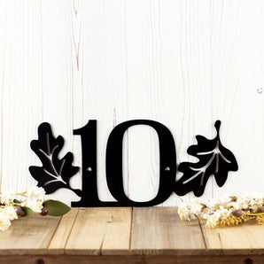 2 digit metal house number sign with oak leaves, in matte black powder coat. 