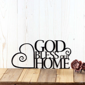 God Bless our Home metal wall art with heart, in matte black powder coat. 
