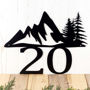 2 digit metal house number plaque with mountains and pine trees, in matte black powder coat. 
