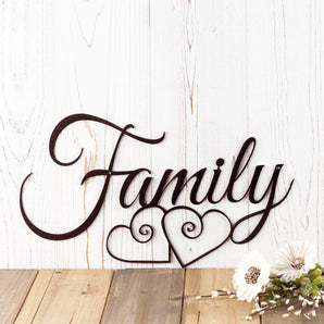Family metal wall art with two hearts, in copper vein powder coat.