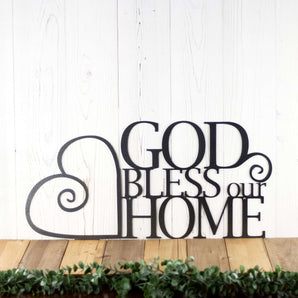 God Bless Our Home metal sign with Heart, in silver vein powder coat.