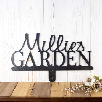 Personalized metal garden sign with first name, in silver vein powder coat. 