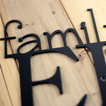 Close up of matte black powder coat on our Friends and Family Gather Here metal sign. 