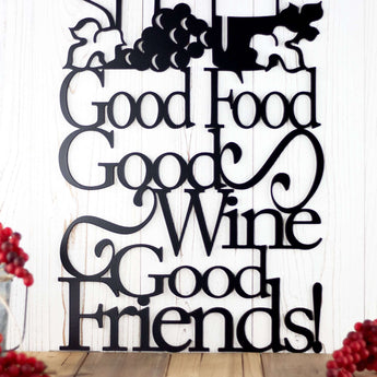 Close up of our Good Food Good Wine Good Friends metal wall art, in matte black powder coat.