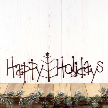 Happy Holidays metal wall art with Christmas tree, in copper vein powder coat.