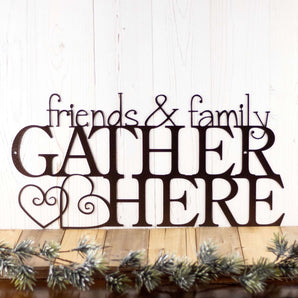 Friends & Family Gather Here metal plaque with hearts, in copper vein powder coat. 