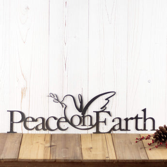 Christmas peace on earth metal wall decor with peace dove silhouette, in silver vein powder coat. 